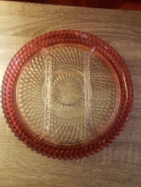 Pressed glass 3-pt relish plate 'Diamond Point' w/ruby flash rim Indiana Glass